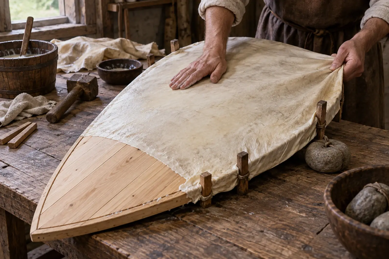 Workshop reconstruction of a wet parchment or rawhide facing being stretched and pegged over a kite-shaped wooden shield core.