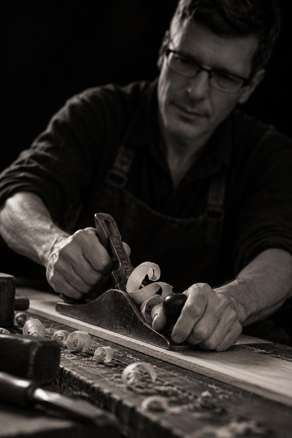 Portrait of the shieldwright.eu craftsman hand-planing a shield board in the workshop